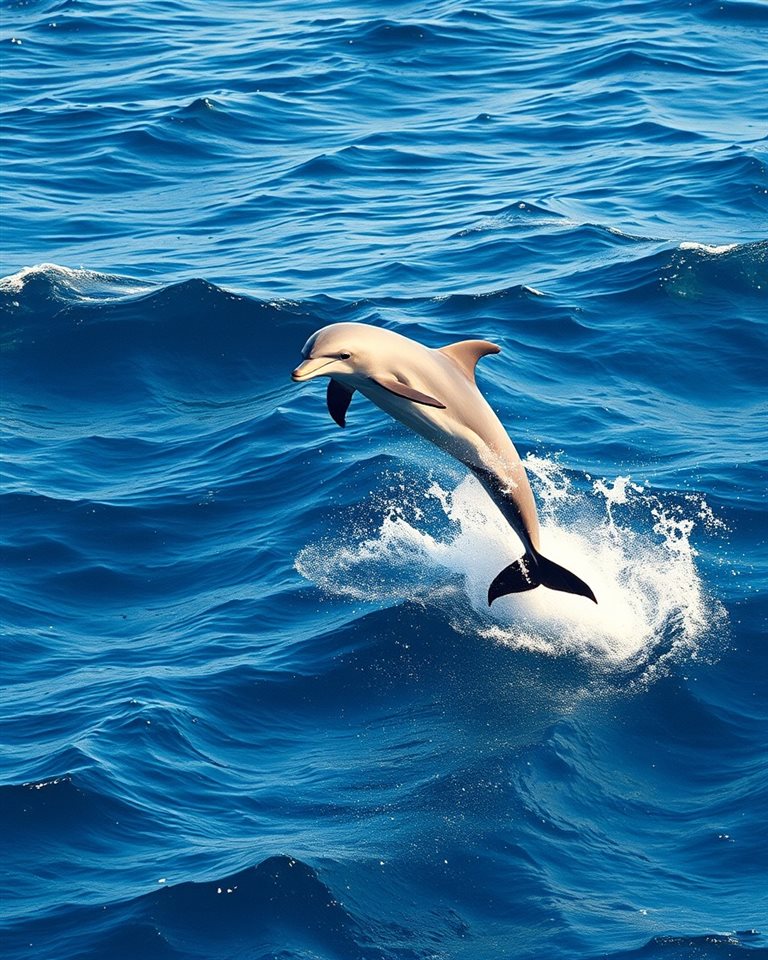 Cinematic film still of A graceful dolphin leaping out of the deep blue ocean waves., centered subject with a simple uncluttered composition, vivid colors, high contrast, energetic, 4:5 aspect ratio