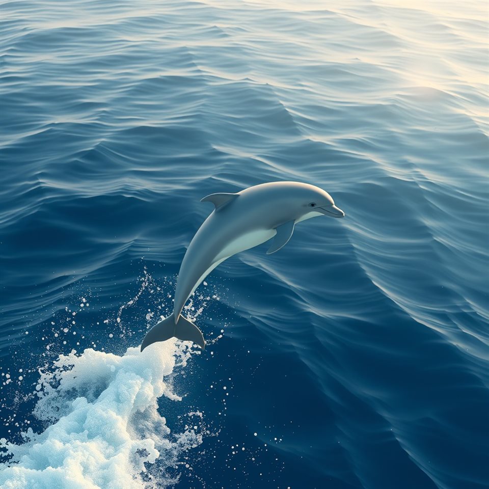 Soft 3D render of A graceful dolphin leaping out of the deep blue ocean waves., high-angle view from above, misty morning haze, dreamy, 1:1 aspect ratio