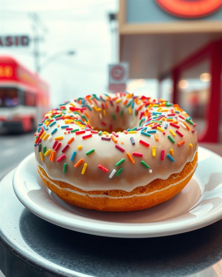 Cinematic film still of A sweet glazed ring donut topped with colorful sprinkles, resting on a clean white plate., wide shot with open space at the top for text, vivid colors, high contrast, energetic, 4:5 aspect ratio