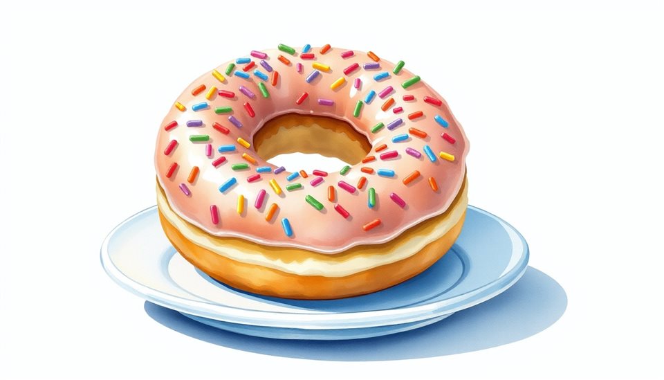 Watercolor illustration of A sweet glazed ring donut topped with colorful sprinkles, resting on a clean white plate., centered subject with a simple uncluttered composition, cool blue tones, quiet atmosphere, 16:9 aspect ratio