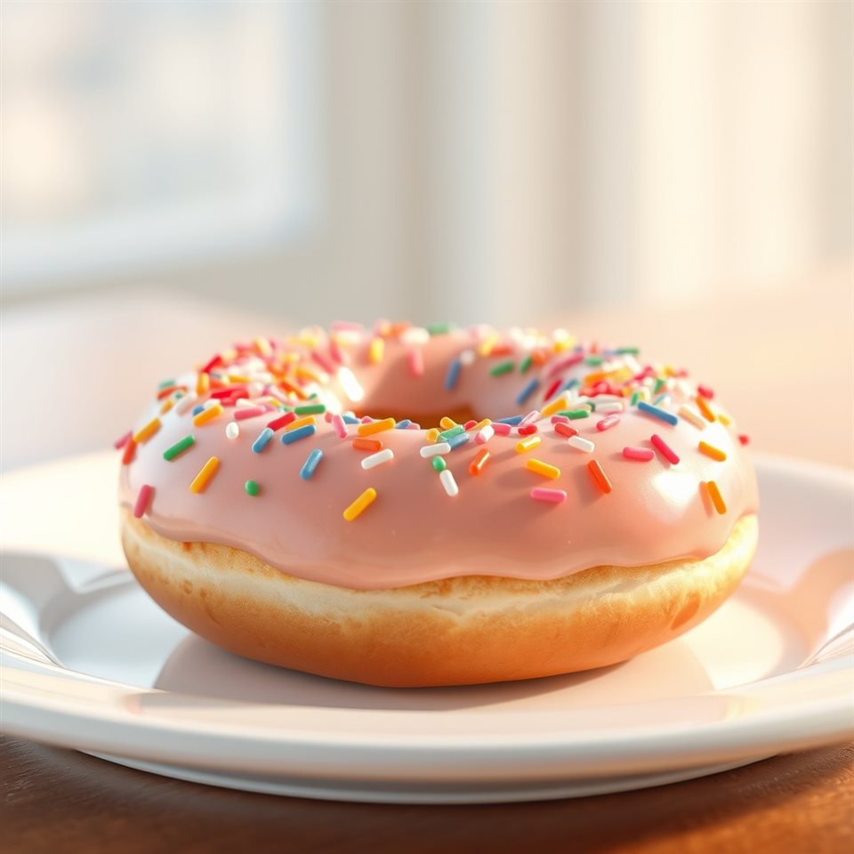 Soft 3D render of A sweet glazed ring donut topped with colorful sprinkles, resting on a clean white plate., close-up detail with shallow depth of field, misty morning haze, dreamy, 1:1 aspect ratio