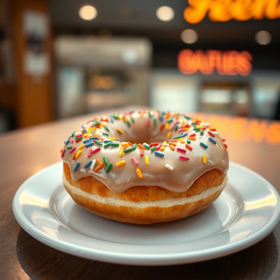 Photorealistic photo of A sweet glazed ring donut topped with colorful sprinkles, resting on a clean white plate., close-up detail with shallow depth of field, warm golden light, calm mood, 1:1 aspect ratio