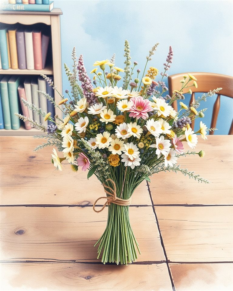Watercolor illustration of A vintage bouquet of dried pastel wildflowers tied with twine on an old wooden table, wide shot with open space at the top for text, cool blue tones, quiet atmosphere, 4:5 aspect ratio