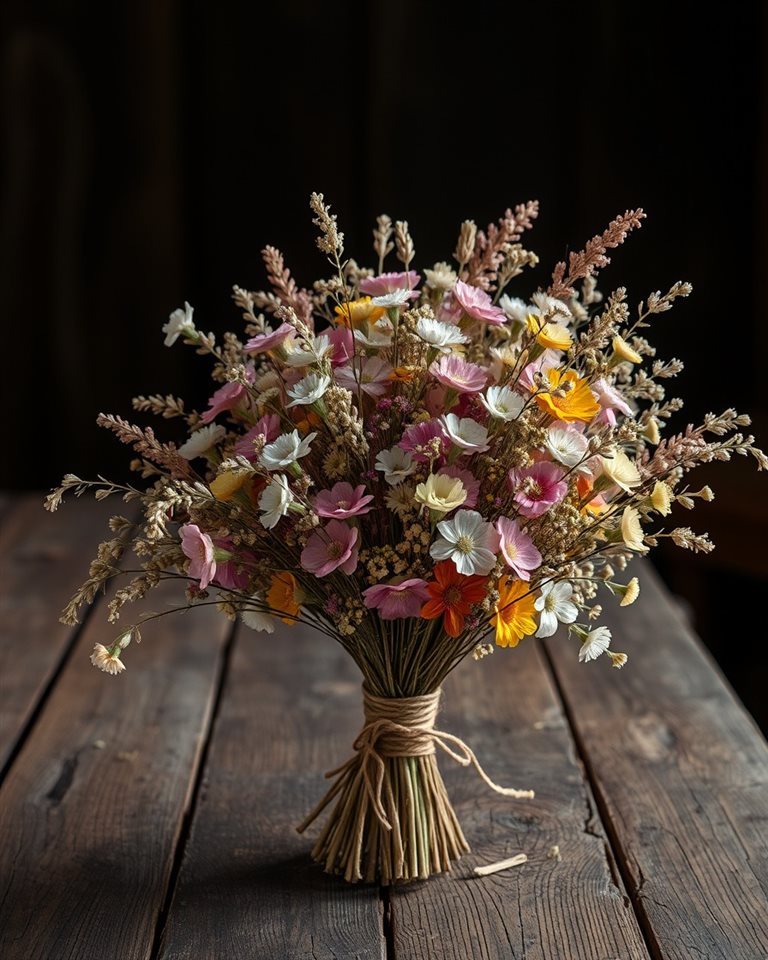 Photorealistic photo of A vintage bouquet of dried pastel wildflowers tied with twine on an old wooden table, wide shot with open space at the top for text, moody dark tones, dramatic lighting, 4:5 aspect ratio
