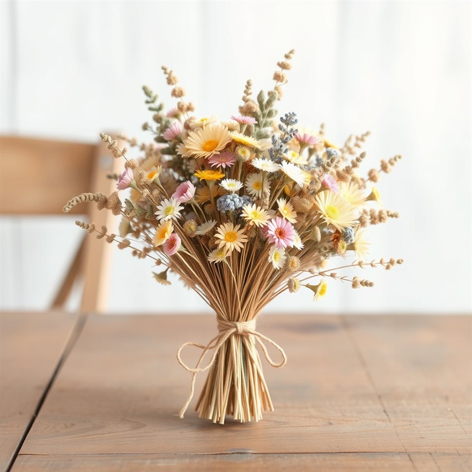 Minimal flat illustration of A vintage bouquet of dried pastel wildflowers tied with twine on an old wooden table, close-up detail with shallow depth of field, soft pastel colors, bright and cozy, 1:1 aspect ratio