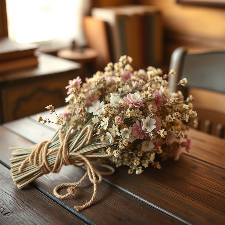 Photorealistic photo of A vintage bouquet of dried pastel wildflowers tied with twine on an old wooden table, close-up detail with shallow depth of field, warm golden light, calm mood, 1:1 aspect ratio