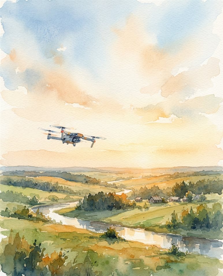 Watercolor illustration of a drone flying over a landscape, wide shot with open space at the top for text, warm golden light, calm mood, 4:5 aspect ratio