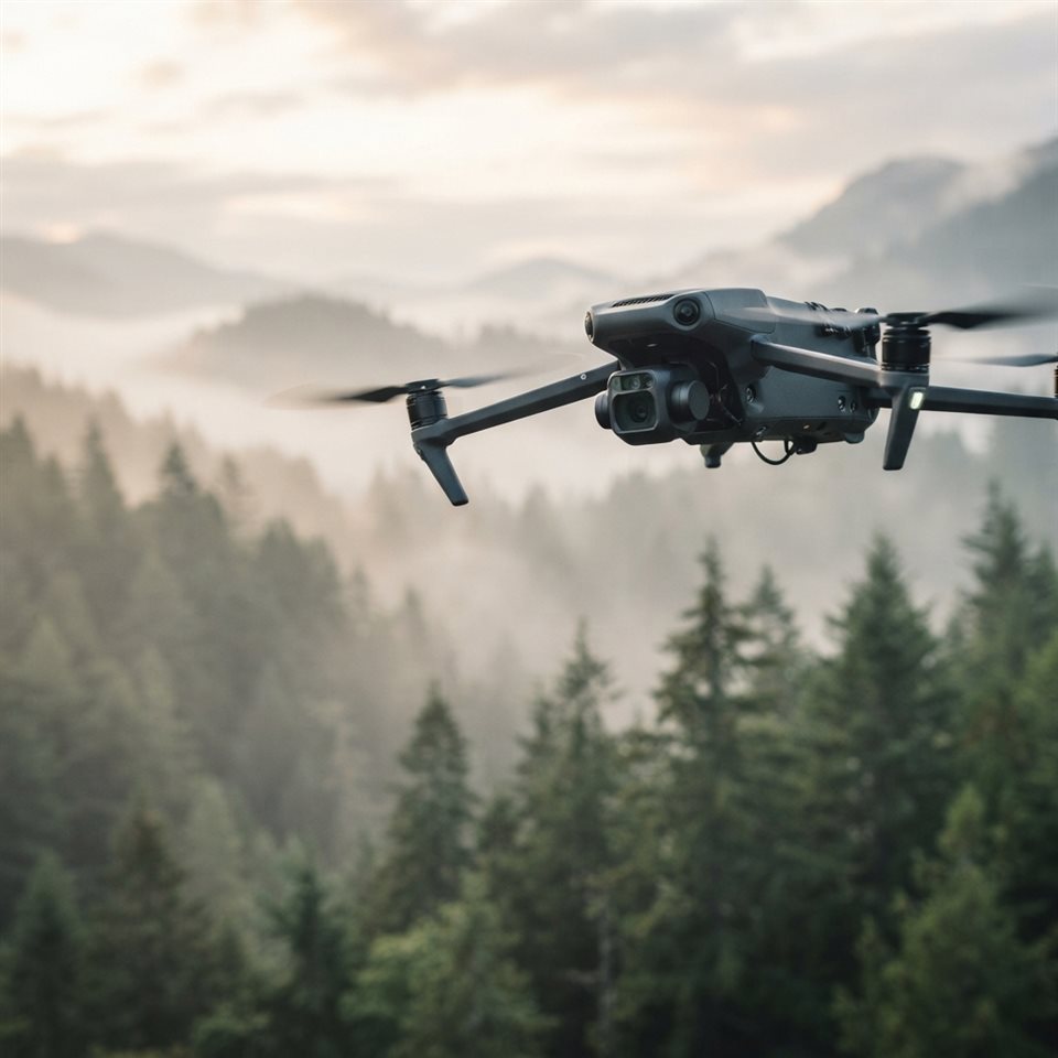 Photorealistic photo of a drone flying over a landscape, close-up detail with shallow depth of field, misty morning haze, dreamy, 1:1 aspect ratio
