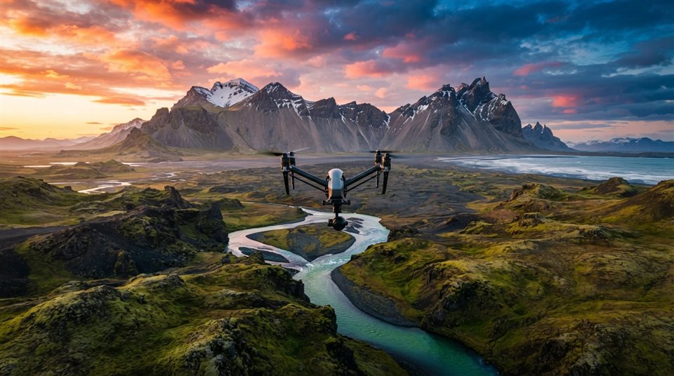 Photorealistic photo of a drone flying over a landscape, centered subject with a simple uncluttered composition, vivid colors, high contrast, energetic, 16:9 aspect ratio