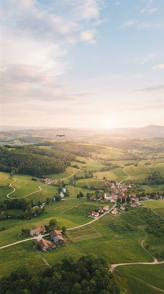 Cinematic film still of a drone flying over a landscape, wide shot with open space at the top for text, soft pastel colors, bright and cozy, 9:16 aspect ratio