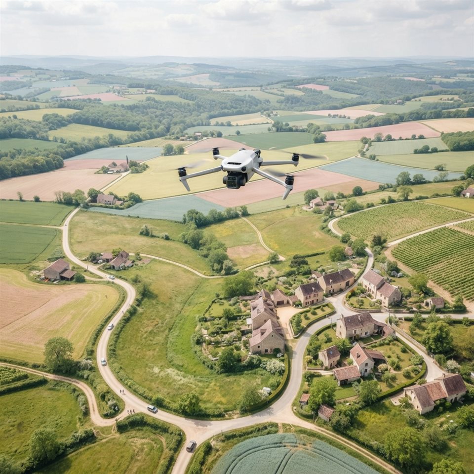 Photorealistic photo of a drone flying over a landscape, high-angle view from above, soft pastel colors, bright and cozy, 1:1 aspect ratio