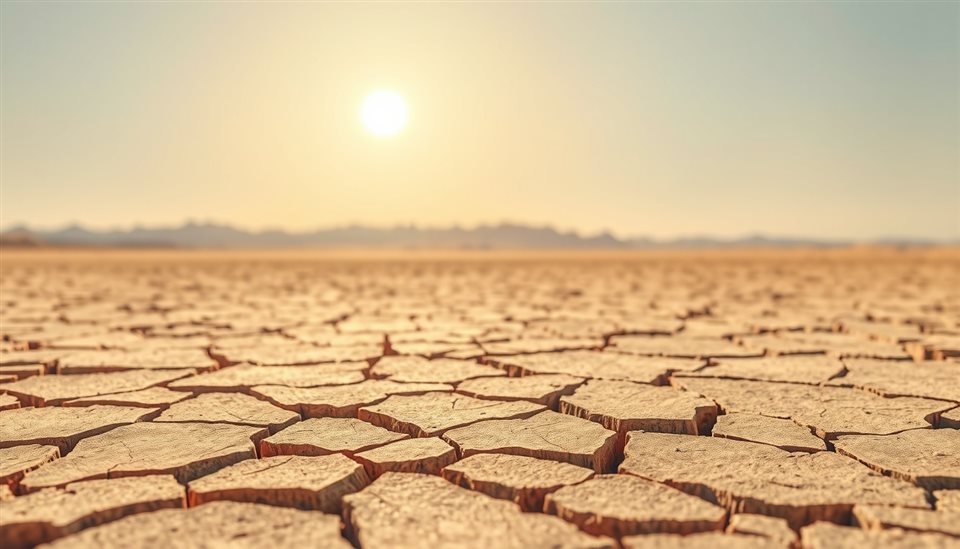 Minimal flat illustration of Cracked, dry earth in a barren desert landscape under a harsh sunny sky, close-up detail with shallow depth of field, soft pastel colors, bright and cozy, 16:9 aspect ratio