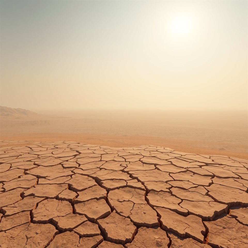 Soft 3D render of Cracked, dry earth in a barren desert landscape under a harsh sunny sky, high-angle view from above, misty morning haze, dreamy, 1:1 aspect ratio