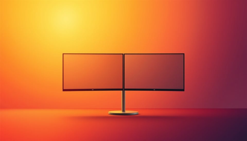 Photorealistic photo of A wide, seamless abstract geometric gradient design optimized for dual monitors., centered subject with a simple uncluttered composition, warm golden light, calm mood, 16:9 aspect ratio