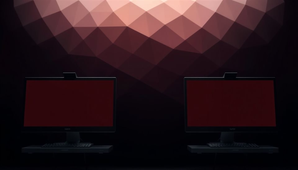 Photorealistic photo of A wide, seamless abstract geometric gradient design optimized for dual monitors., close-up detail with shallow depth of field, moody dark tones, dramatic lighting, 16:9 aspect ratio