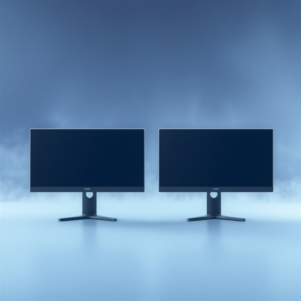 Soft 3D render of A wide, seamless abstract geometric gradient design optimized for dual monitors., wide shot with open space at the top for text, misty morning haze, dreamy, 1:1 aspect ratio
