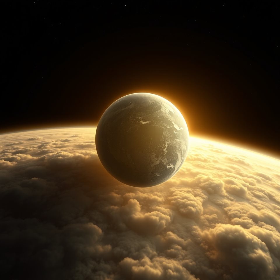 Photorealistic photo of Breathtaking view of planet Earth glowing in the dark void of space with swirling white clouds, centered subject with a simple uncluttered composition, warm golden light, calm mood, 1:1 aspect ratio