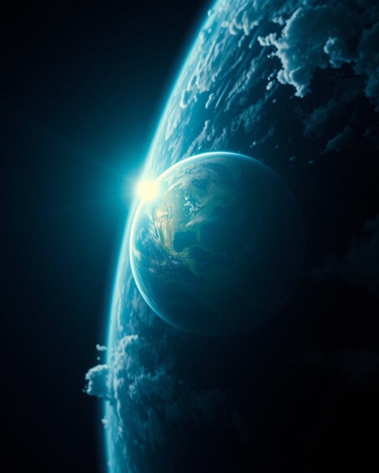 Cinematic film still of Breathtaking view of planet Earth glowing in the dark void of space with swirling white clouds, close-up detail with shallow depth of field, vivid colors, high contrast, energetic, 4:5 aspect ratio