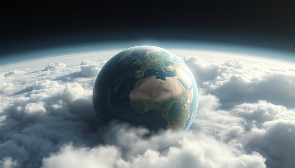 Soft 3D render of Breathtaking view of planet Earth glowing in the dark void of space with swirling white clouds, wide shot with open space at the top for text, misty morning haze, dreamy, 16:9 aspect ratio
