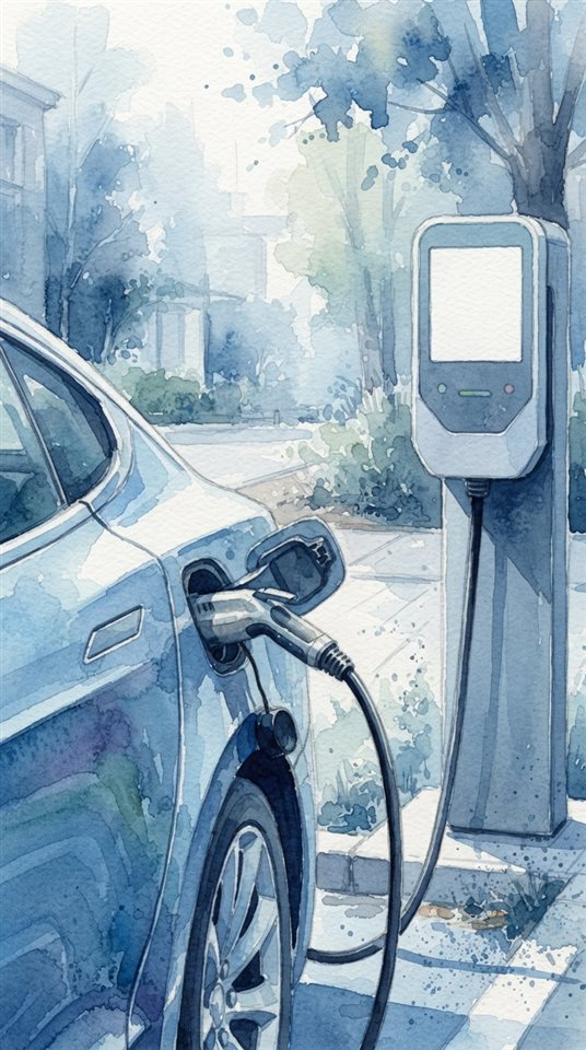 Watercolor illustration of an electric car charging at a station, close-up detail with shallow depth of field, cool blue tones, quiet atmosphere, 9:16 aspect ratio