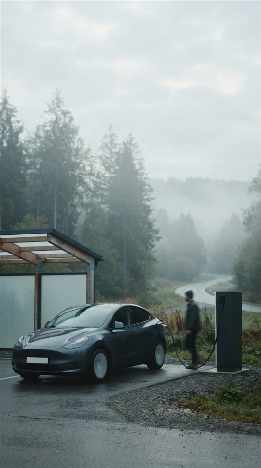 Cinematic film still of an electric car charging at a station, wide shot with open space at the top for text, misty morning haze, dreamy, 9:16 aspect ratio