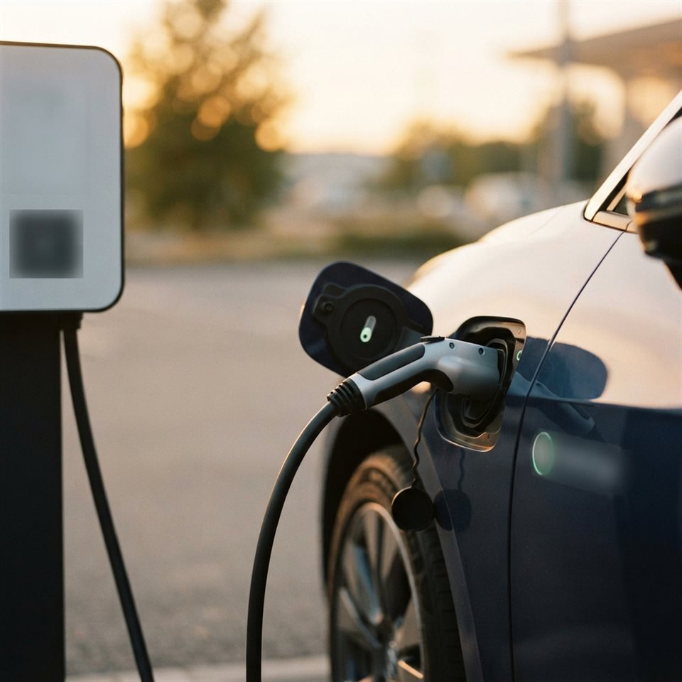 Photorealistic photo of an electric car charging at a station, close-up detail with shallow depth of field, warm golden light, calm mood, 1:1 aspect ratio