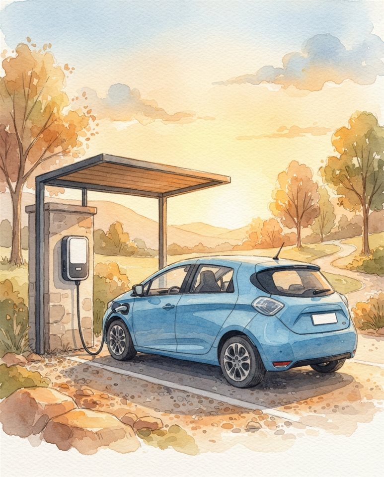 Watercolor illustration of an electric car charging at a station, centered subject with a simple uncluttered composition, warm golden light, calm mood, 4:5 aspect ratio