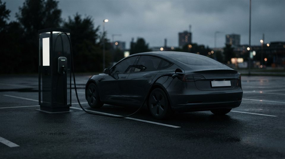 Photorealistic photo of an electric car charging at a station, centered subject with a simple uncluttered composition, moody dark tones, dramatic lighting, 16:9 aspect ratio