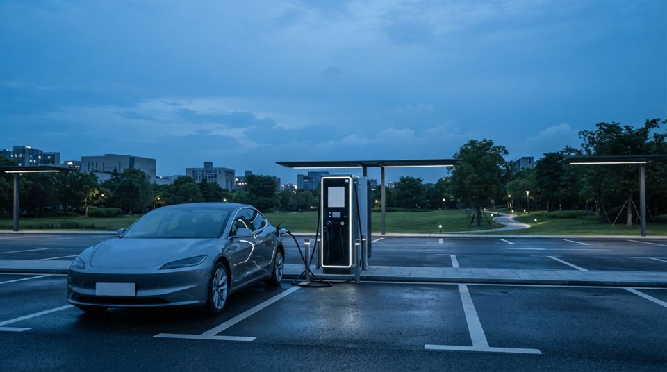 Photorealistic photo of an electric car charging at a station, wide shot with open space at the top for text, cool blue tones, quiet atmosphere, 16:9 aspect ratio