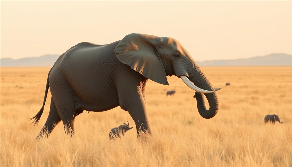 Minimal flat illustration of A magnificent wild elephant walking across a golden grassland in a vast national park during late afternoon., wide shot with open space at the top for text, soft pastel colors, bright and cozy, 16:9 aspect ratio