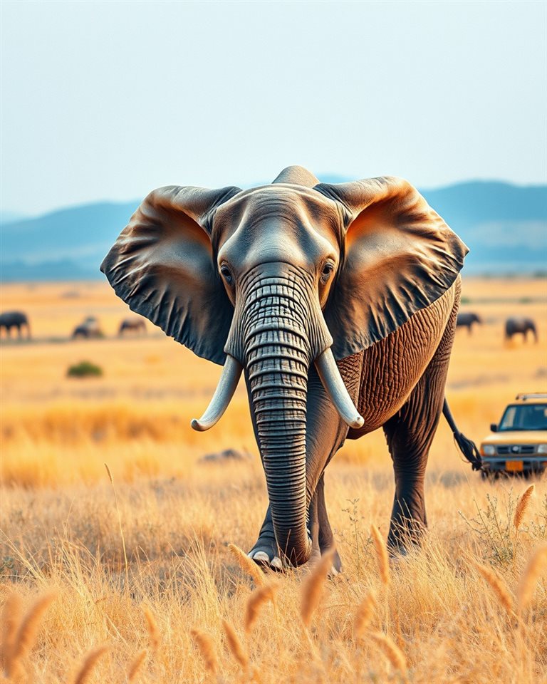 Watercolor illustration of A magnificent wild elephant walking across a golden grassland in a vast national park during late afternoon., close-up detail with shallow depth of field, cool blue tones, quiet atmosphere, 4:5 aspect ratio