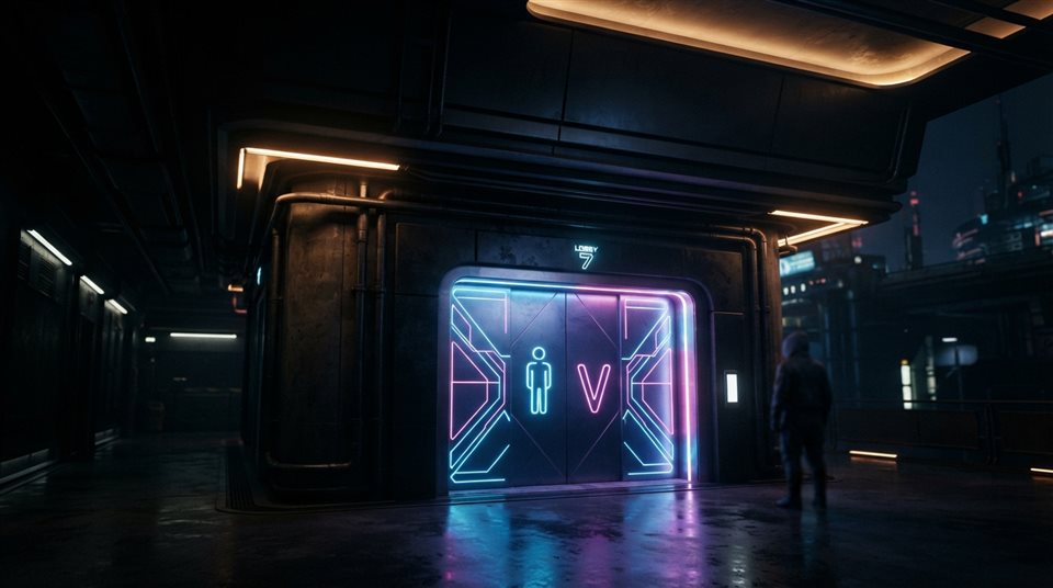 Photorealistic photo of Neon glowing elevator pictogram, futuristic cyberpunk style with vibrant blue and pink lights, dark background, wide shot with open space at the top for text, warm golden light, calm mood, 16:9 aspect ratio
