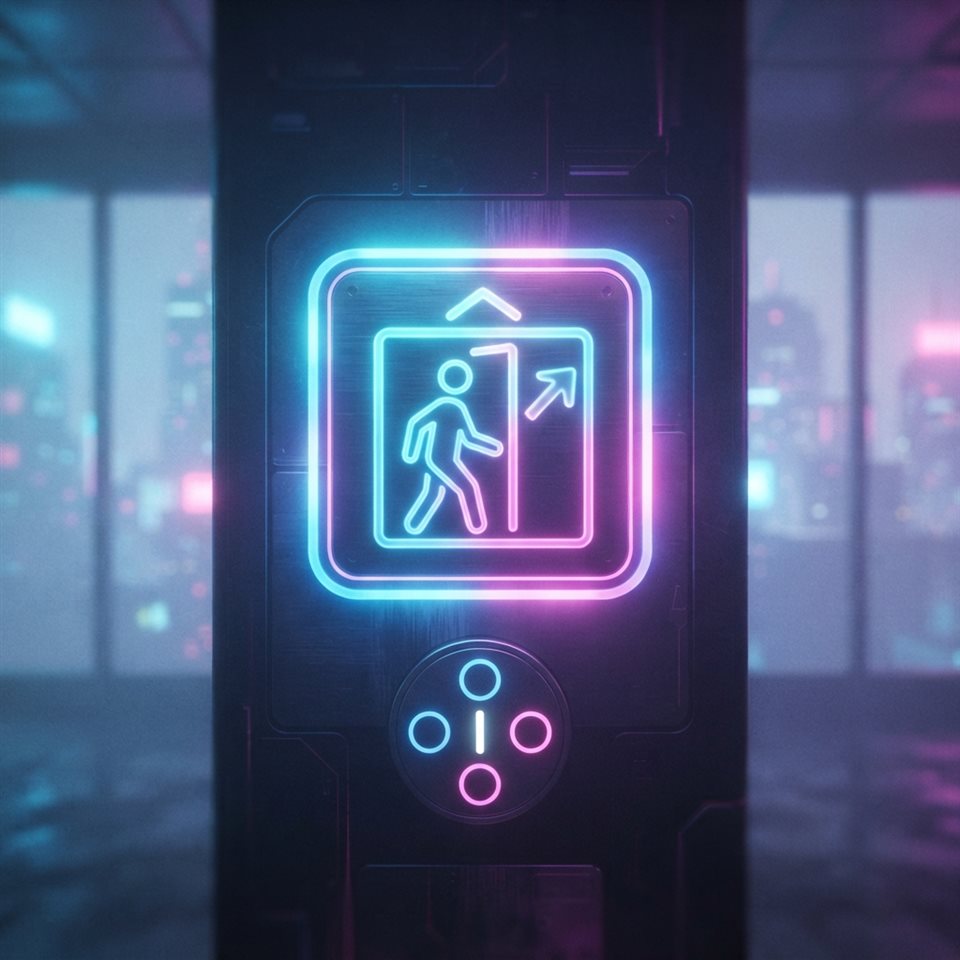 Soft 3D render of Neon glowing elevator pictogram, futuristic cyberpunk style with vibrant blue and pink lights, dark background, centered subject with a simple uncluttered composition, misty morning haze, dreamy, 1:1 aspect ratio