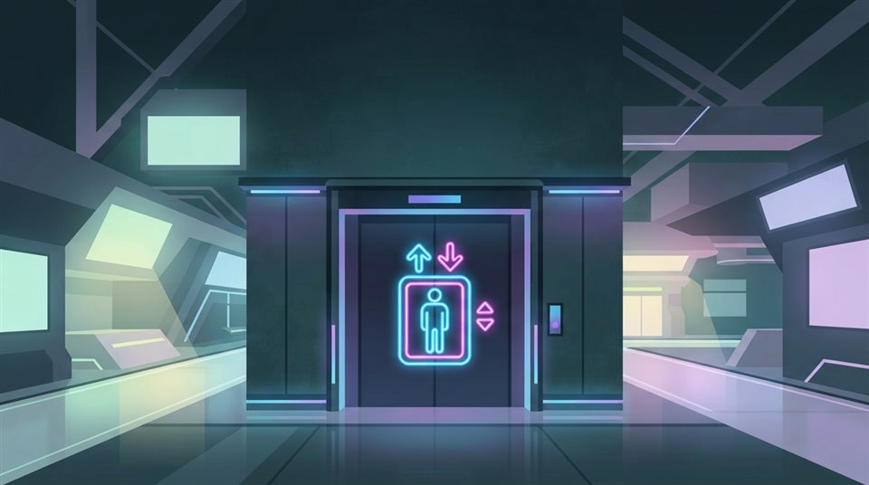 Minimal flat illustration of Neon glowing elevator pictogram, futuristic cyberpunk style with vibrant blue and pink lights, dark background, wide shot with open space at the top for text, soft pastel colors, bright and cozy, 16:9 aspect ratio