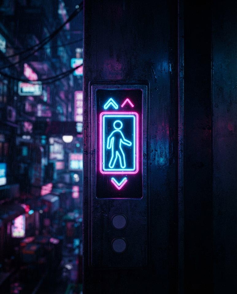 Cinematic film still of Neon glowing elevator pictogram, futuristic cyberpunk style with vibrant blue and pink lights, dark background, close-up detail with shallow depth of field, vivid colors, high contrast, energetic, 4:5 aspect ratio