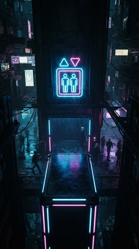 Photorealistic photo of Neon glowing elevator pictogram, futuristic cyberpunk style with vibrant blue and pink lights, dark background, high-angle view from above, moody dark tones, dramatic lighting, 9:16 aspect ratio