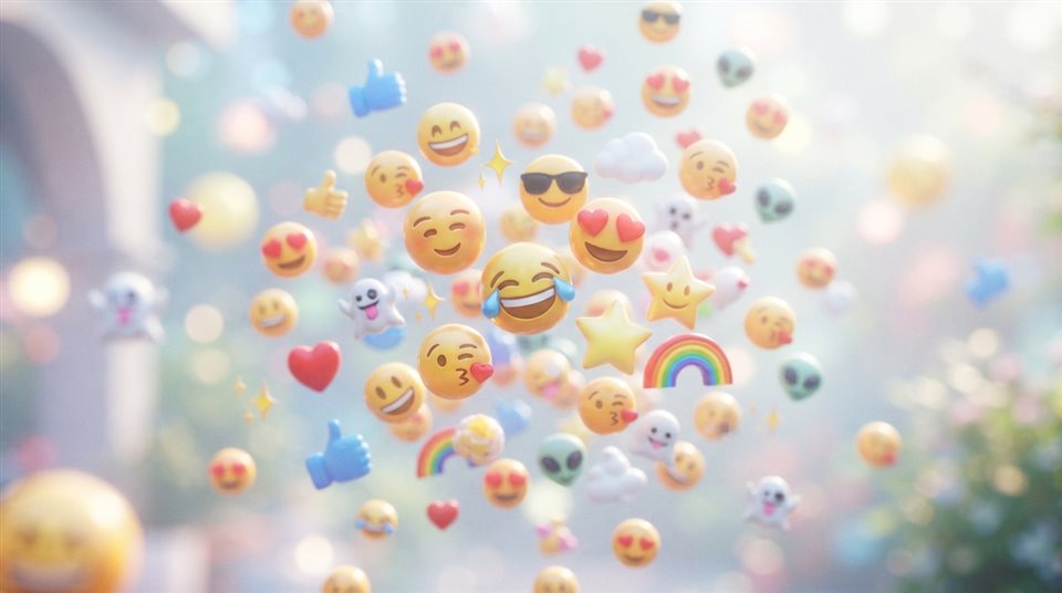 Renderizado 3D suave de una colorida colección de emojis 3D flotando sobre un fondo brillante y moderno, detalle en primer plano con poca profundidad de campo, neblina matutina, ambiente de ensueño, relación de aspecto 16:9