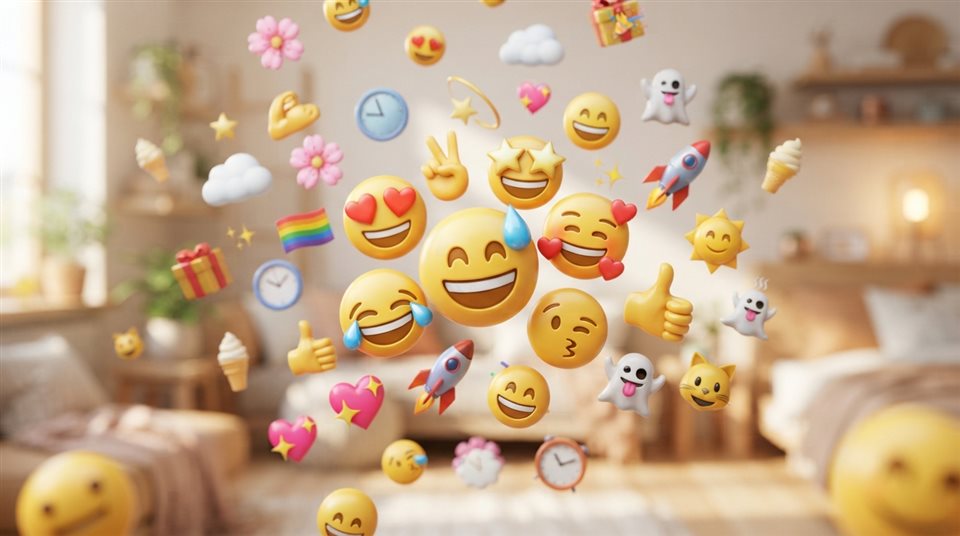 Minimal flat illustration of A colorful collection of 3D emojis floating against a bright, modern background, close-up detail with shallow depth of field, soft pastel colors, bright and cozy, 16:9 aspect ratio