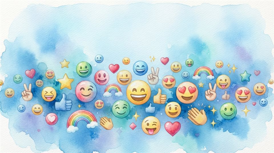 Watercolor illustration of A colorful collection of 3D emojis floating against a bright, modern background, wide shot with open space at the top for text, cool blue tones, quiet atmosphere, 16:9 aspect ratio