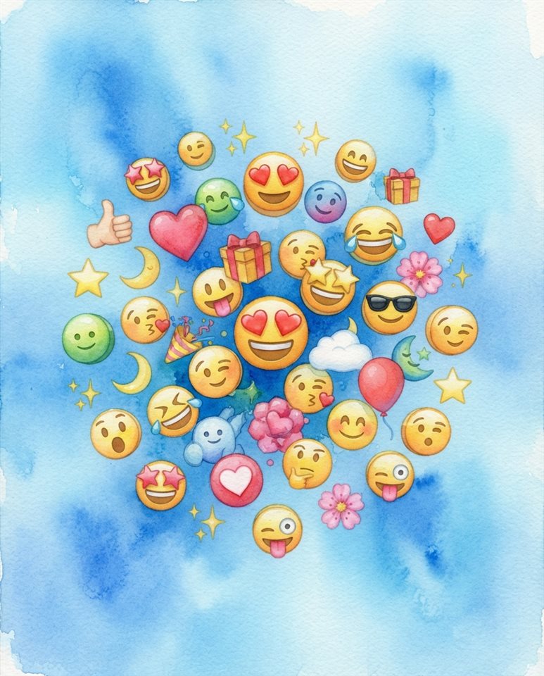 Watercolor illustration of A colorful collection of 3D emojis floating against a bright, modern background, centered subject with a simple uncluttered composition, cool blue tones, quiet atmosphere, 4:5 aspect ratio
