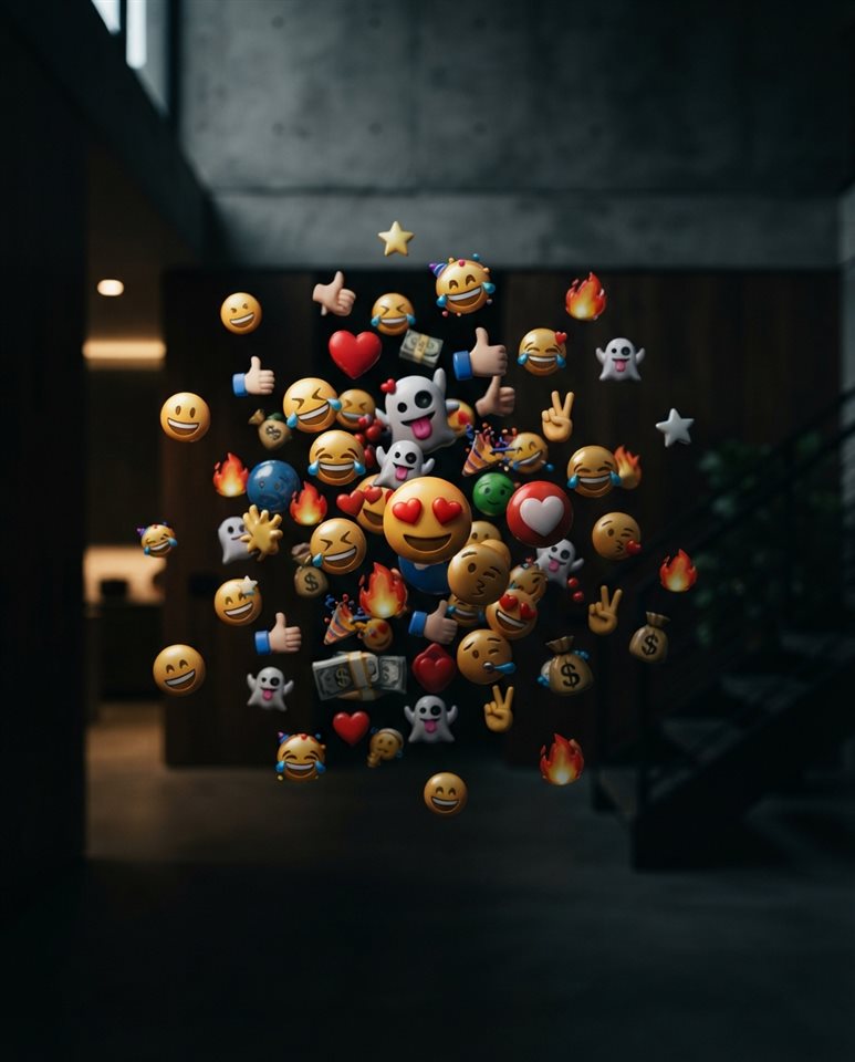 Fotografía hiperrealista de una colorida colección de emojis 3D flotando sobre un fondo brillante y moderno, sujeto centrado con una composición simple y despejada, tonos oscuros melancólicos, iluminación dramática, relación de aspecto 4:5