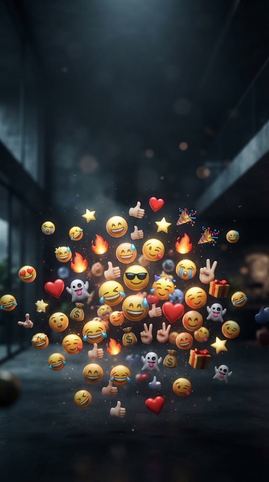 Photorealistic photo of A colorful collection of 3D emojis floating against a bright, modern background, wide shot with open space at the top for text, moody dark tones, dramatic lighting, 9:16 aspect ratio