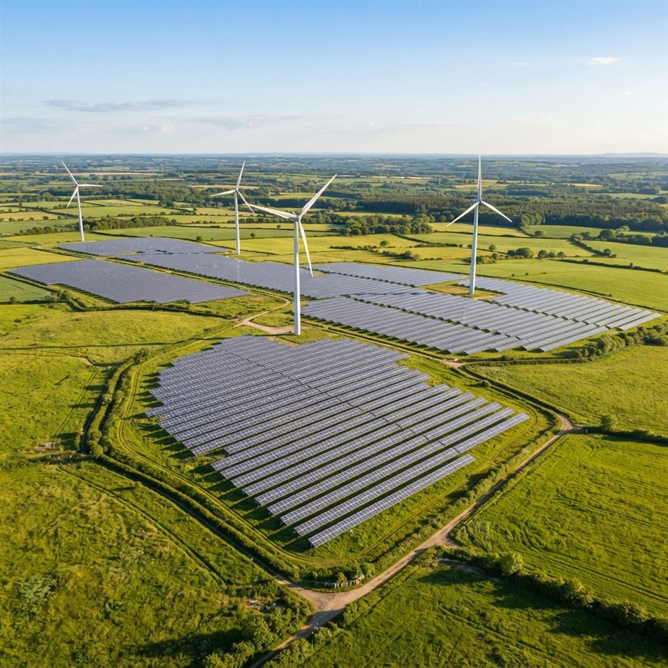 Photorealistic photo of wind turbines and solar panels in a green field under a clear blue sky, high-angle view from above, warm golden light, calm mood, 1:1 aspect ratio