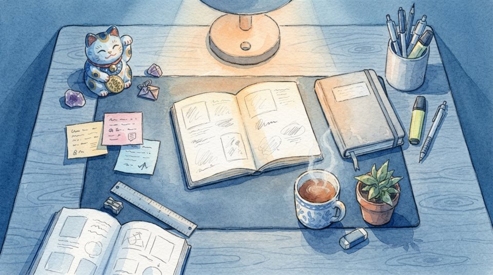Watercolor illustration of a desk with a lucky charm, sticky notes and warm light for exam day, high-angle view from above, cool blue tones, quiet atmosphere, 16:9 aspect ratio