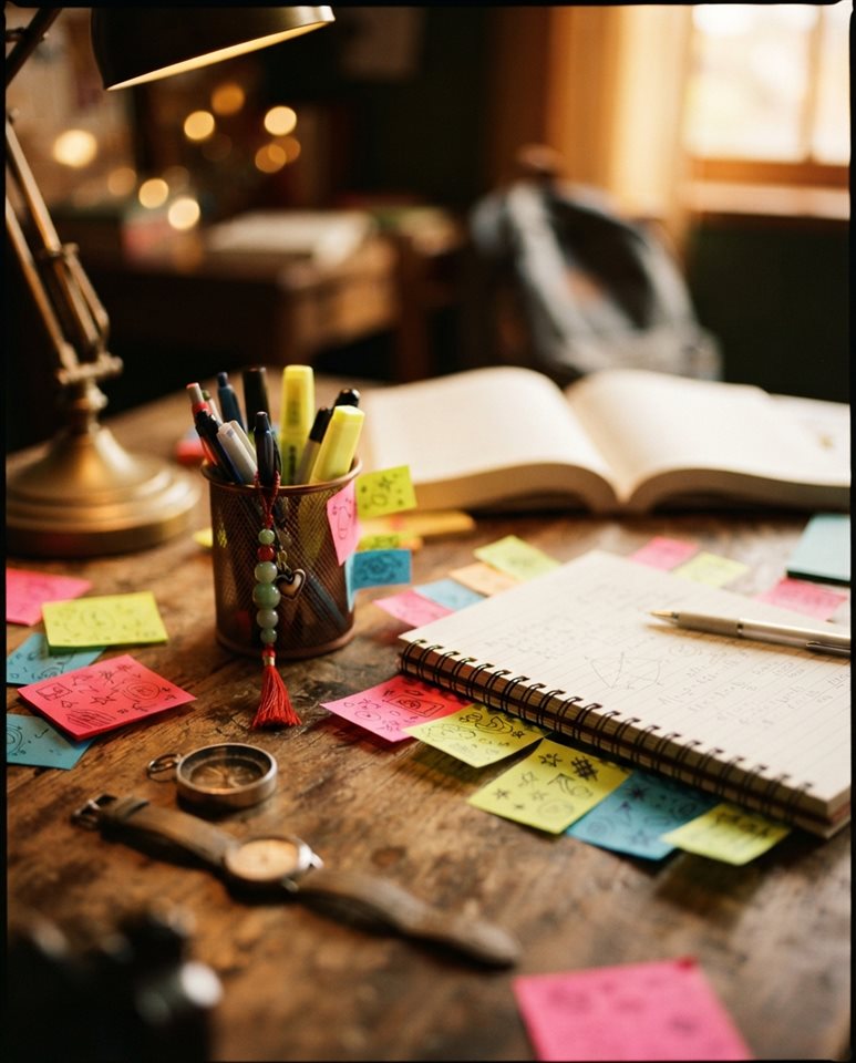 Cinematic film still of a desk with a lucky charm, sticky notes and warm light for exam day, close-up detail with shallow depth of field, vivid colors, high contrast, energetic, 4:5 aspect ratio