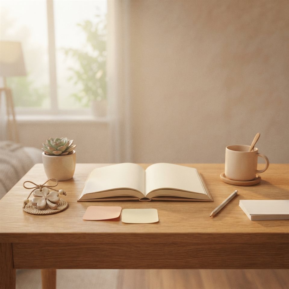 Soft 3D render of a desk with a lucky charm, sticky notes and warm light for exam day, centered subject with a simple uncluttered composition, misty morning haze, dreamy, 1:1 aspect ratio