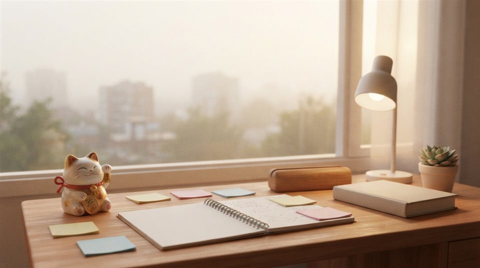 Soft 3D render of a desk with a lucky charm, sticky notes and warm light for exam day, wide shot with open space at the top for text, misty morning haze, dreamy, 16:9 aspect ratio