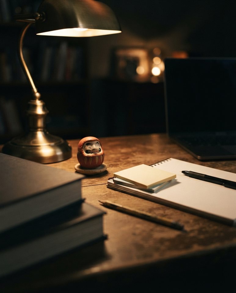 Photorealistic photo of a desk with a lucky charm, sticky notes and warm light for exam day, close-up detail with shallow depth of field, moody dark tones, dramatic lighting, 4:5 aspect ratio