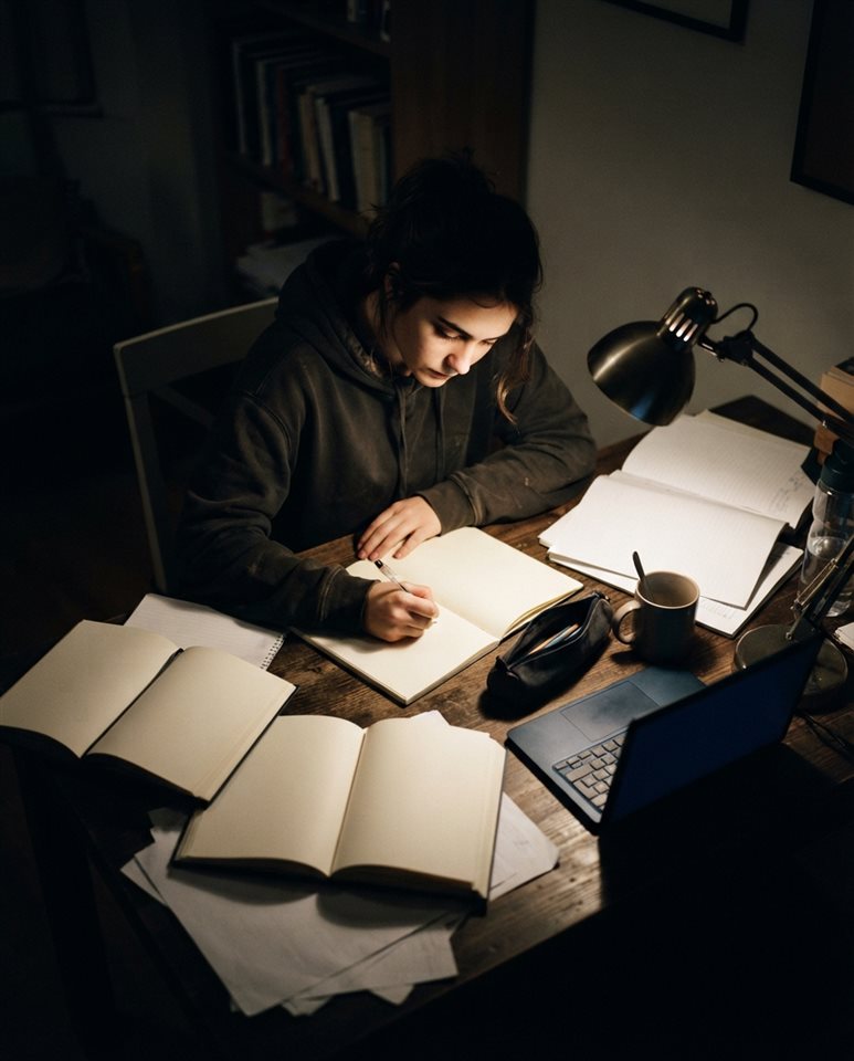 Photorealistic photo of a student studying late at night under a desk lamp, high-angle view from above, moody dark tones, dramatic lighting, 4:5 aspect ratio