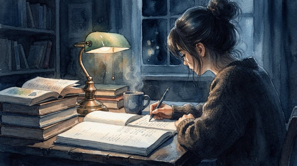 Watercolor illustration of a student studying late at night under a desk lamp, close-up detail with shallow depth of field, cool blue tones, quiet atmosphere, 16:9 aspect ratio